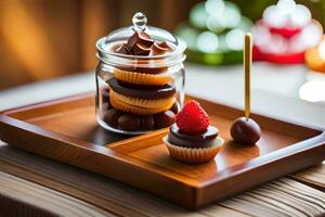 un' di legno vassoio con cupcakes e un' fragola. ai-generato foto