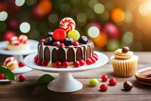 un' cioccolato torta con frutta e caramella su un' tavolo. ai-generato foto