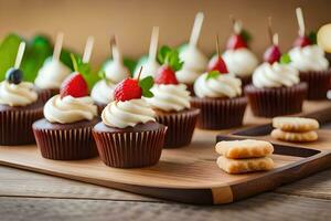 cupcakes con fragole e crema su un' di legno vassoio. ai-generato foto