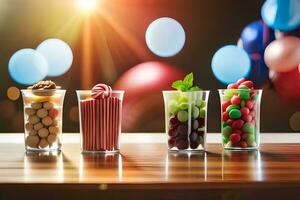 quattro bicchieri con diverso tipi di caramella e frutta. ai-generato foto
