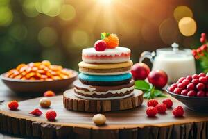 un' torta con frutti di bosco e altro cibo su un' di legno tavolo. ai-generato foto