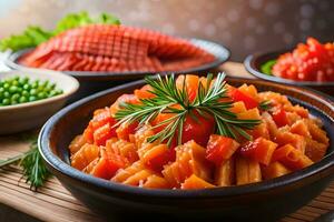 un' ciotola di pasta con verdure e carne. ai-generato foto