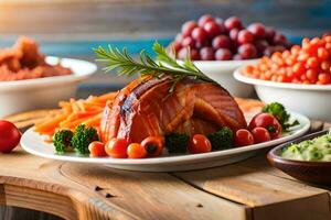 un' tavolo con vario Alimenti Compreso carne, verdure e frutta. ai-generato foto