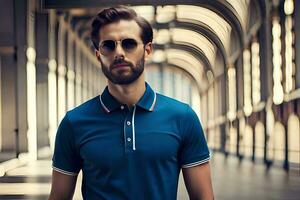 un' uomo nel un' blu polo camicia e occhiali da sole. ai-generato foto