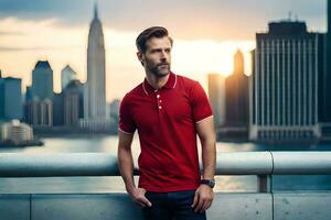 uomo nel rosso polo camicia in piedi su ponte con città nel sfondo. ai-generato foto