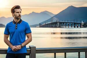 un' uomo nel un' blu polo camicia sta di il acqua. ai-generato foto