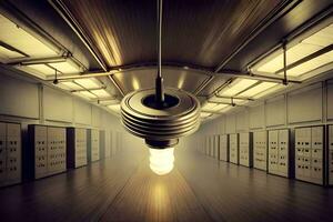 un Immagine di un' leggero lampadina sospeso nel un' corridoio. ai-generato foto