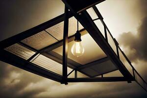 un' leggero lampadina è sospeso a partire dal un' tetto. ai-generato foto
