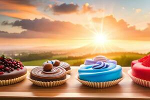 quattro diverso tipi di cupcakes siamo su un' tavolo. ai-generato foto