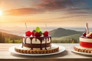 Due torte con frutti di bosco su superiore di un' tavolo. ai-generato foto