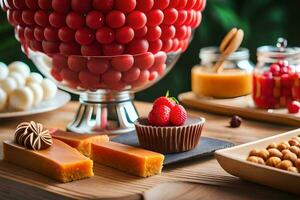 un' tavolo con vario dolci e caramelle. ai-generato foto