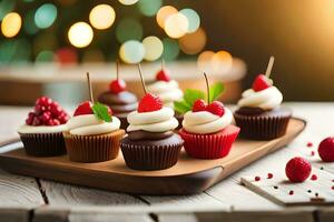 Natale cupcakes su un' di legno vassoio con frutti di bosco. ai-generato foto