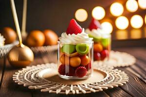 un' dolce nel un' bicchiere vaso con un' candela. ai-generato foto