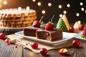 Natale dolce con cioccolato e fragole su un' di legno tavolo. ai-generato foto