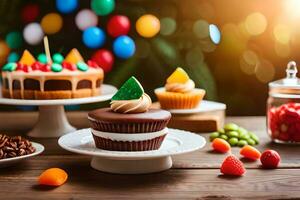 Natale torte e cupcakes su un' tavolo. ai-generato foto