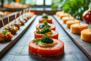 un' buffet tavolo con Antipasti e altro cibo. ai-generato foto