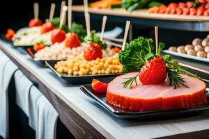 un' buffet con vario tipi di cibo su esso. ai-generato foto