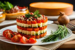 un' piatto di cibo con verdure e formaggio. ai-generato foto