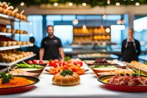 un' buffet con cibo su Schermo nel un' ristorante. ai-generato foto