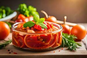 un' ciotola di pomodoro e cipolla insalata con erbe aromatiche. ai-generato foto