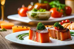 Due pezzi di carne su un' piatto con verdure. ai-generato foto