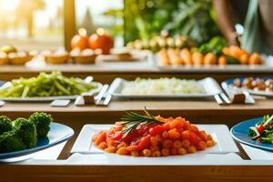 un' buffet tavolo con vario tipi di cibo. ai-generato foto