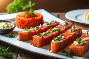 un' piatto di cibo con salmone e verdure. ai-generato foto