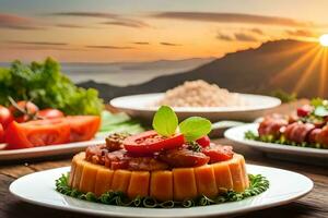 un' piatto di cibo con pomodori e verdure su esso. ai-generato foto