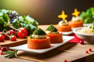 tre piccolo piatti con cibo su loro. ai-generato foto