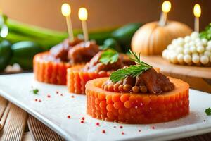 un' piatto con carota torta e candele. ai-generato foto