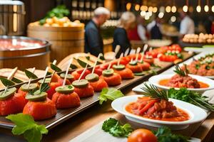 un' buffet con molti diverso tipi di cibo. ai-generato foto