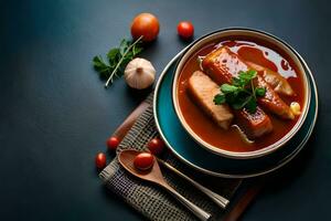 un' ciotola di la minestra con carne e verdure su un' tavolo. ai-generato foto