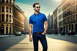 un' uomo nel blu camicia e occhiali da sole in piedi su un' città strada. ai-generato foto