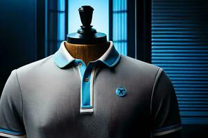 un' polo camicia con blu tagliare e un' blu logo. ai-generato foto