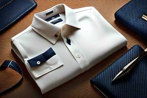un' bianca camicia, blu cravatta e un' penna su un' tavolo. ai-generato foto