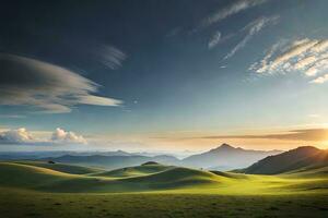 un' bellissimo tramonto al di sopra di un' verde campo. ai-generato foto