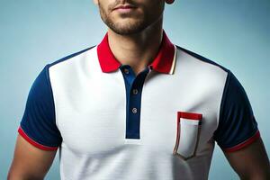 un' uomo nel un' polo camicia con un' rosso, bianca e blu tasca. ai-generato foto