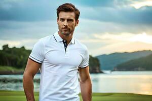 un' uomo nel un' bianca polo camicia in piedi su un' golf corso. ai-generato foto