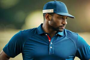 un' uomo indossare un' blu polo camicia e cappello. ai-generato foto