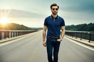 un' uomo nel un' blu polo camicia e jeans in piedi su un' ponte. ai-generato foto
