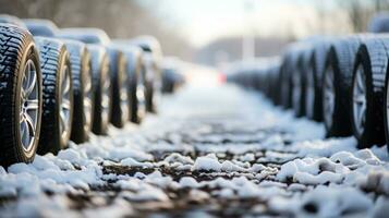 riga di auto pneumatici coperto con neve su il strada nel inverno, avvicinamento. foto