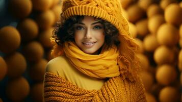 bellissimo giovane donna con Riccio capelli nel giallo a maglia cappello e sciarpa. foto