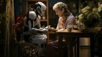 lato Visualizza di anziano donna con robot mentre seduta a il tavolo, servito di sua robotica servo. foto