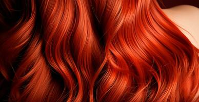 rosso capelli avvicinamento come un' sfondo. Da donna lungo naturale buio capelli. ondulato brillante riccioli - ai generato Immagine foto