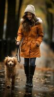 donna a piedi sua cane nel il pioggia con ombrello foto