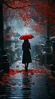giovane donna con rosso ombrello nel il pioggia foto