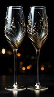 elegante Champagne bicchieri contro un' nero sfondo con oro Accenti foto