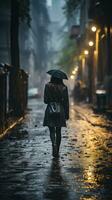 donna a piedi solo nel il pioggia foto