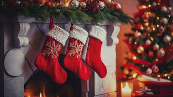 Natale vacanza sfondo. tradizionale rosso calzini su il camino vicino il Natale albero splendente con luci. ai generato. foto