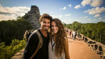 giovane coppia nel davanti di il Maya tempio di tikal, Guatemala. foto